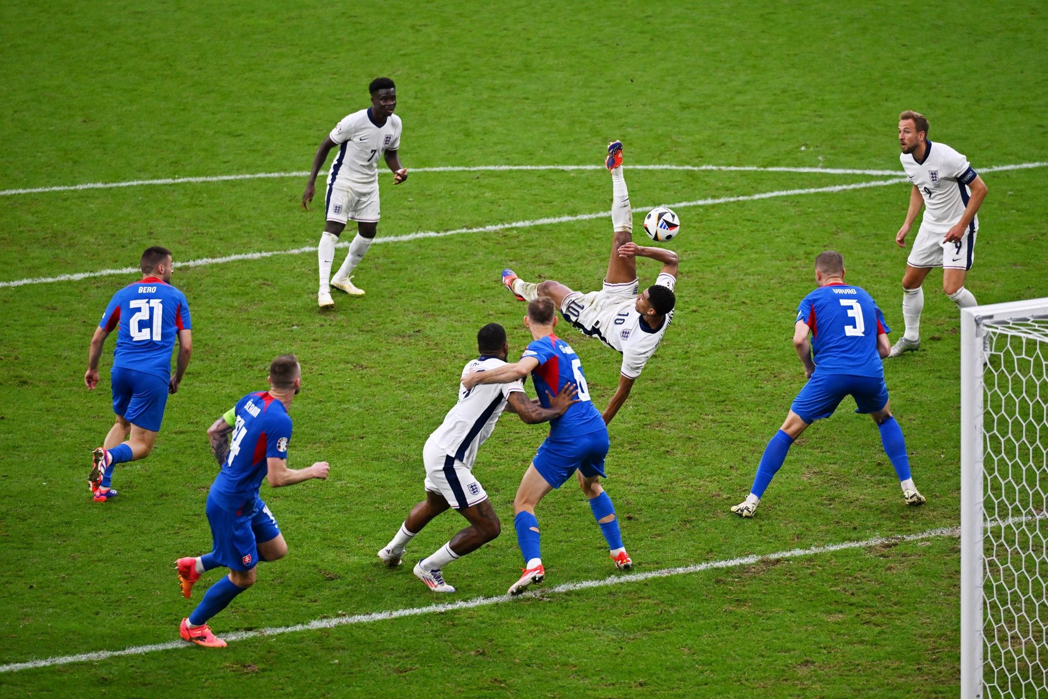 Jude Bellingham equalises for England with an overhead kick against Slovakia in the last 16