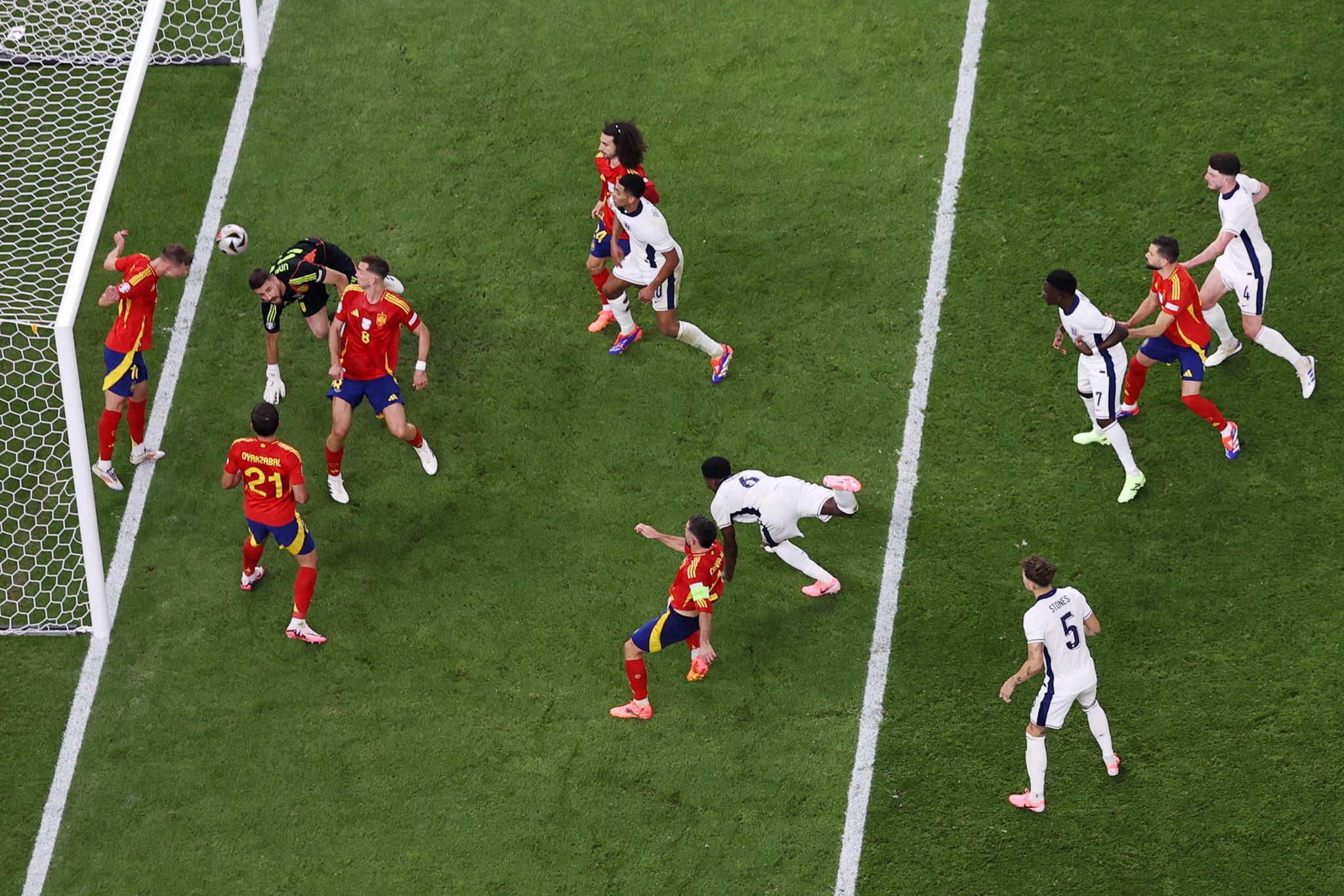 Dani Olmo clears Marc Guehi's header off the line to deny England a late equaliser in the Euro 2024 final